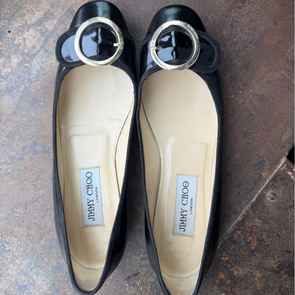 Jimmy Choo Nevada Black Patent Leather Flats with Gold Buckle (Early 00s)